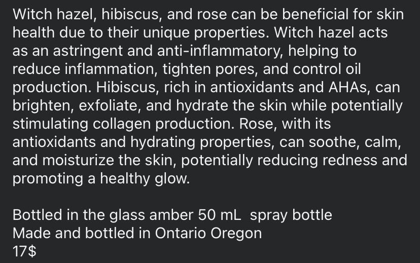 Rose hibiscus, witch hazel face mist ￼